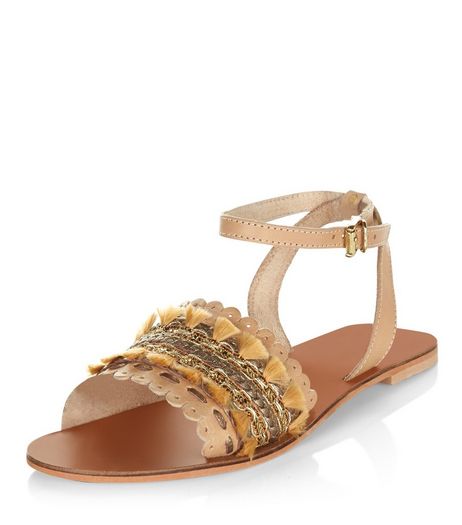 Stone Leather Woven Tassel Sandals | New Look