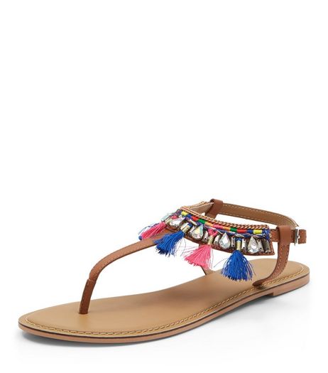 Tan Leather Tassel Trim Sandals | New Look