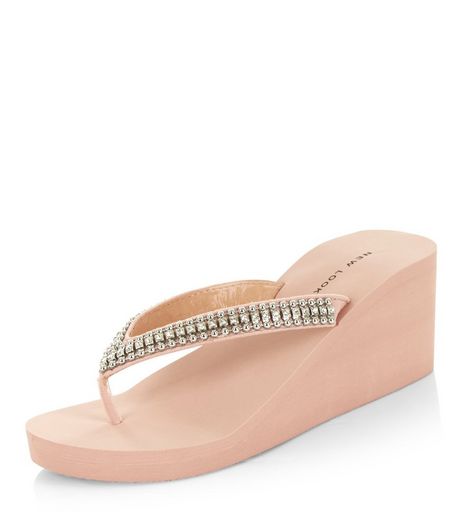 Cream Diamante Wedge Flip Flops | New Look