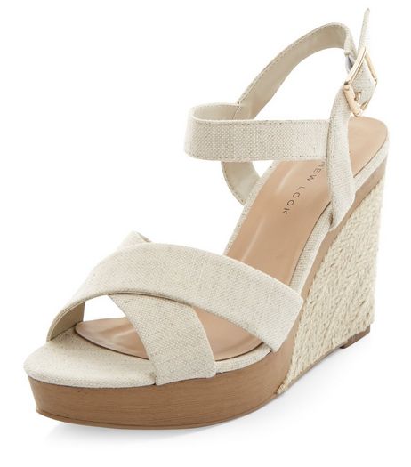 Wide Fit Cream Canvas Cross Strap Wedge Sandals | New Look