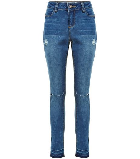 Teens Blue Ripped Knee Drop Hem Skinny Jeans | New Look