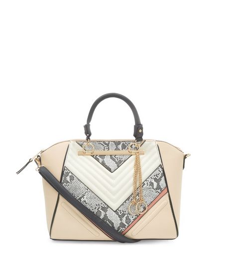 Cream Snakeskin Print Panel Quilted Tote Bag | New Look