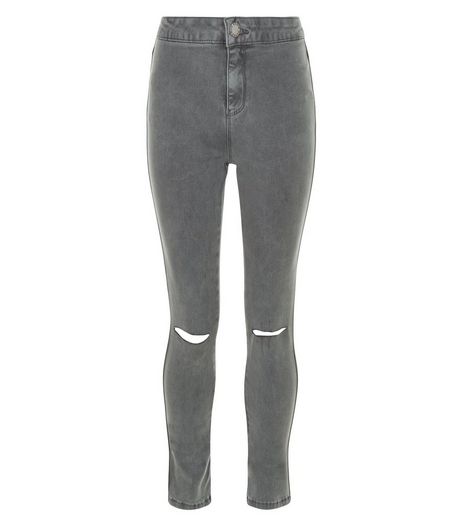 Teens Grey Ripped Knee High Waist Super Skinny Jeans | New Look
