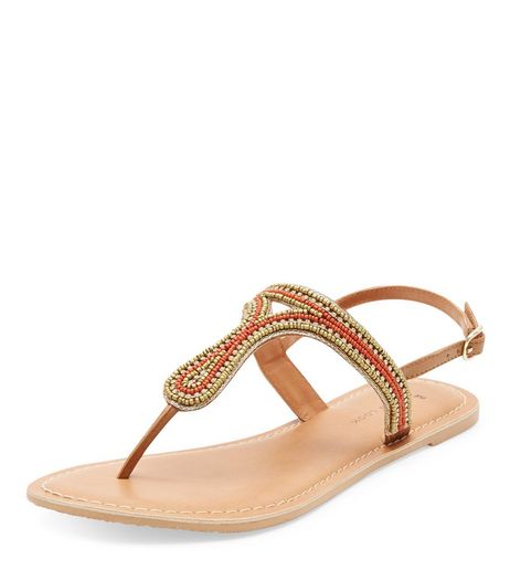 Wide Fit Orange Leather Beaded Sandals | New Look