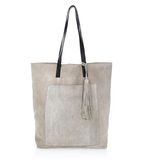 Grey Premium Suede Snakeskin Texture Pocket Shopper Bag | New Look