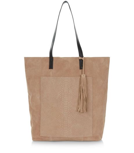 Stone Premium Suede Snakeskin Textured Pocket Shopper Bag | New Look
