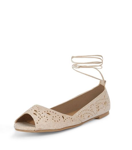 Cream Shimmer Laser Cut Out Peep Toe Ghillie Pumps | New Look
