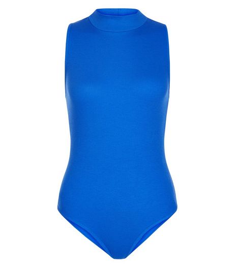 Blue Ribbed Funnel Neck Sleeveless Bodysuit | New Look