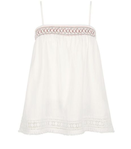 Cream Embroidered Trim Fray Hem Cami | New Look