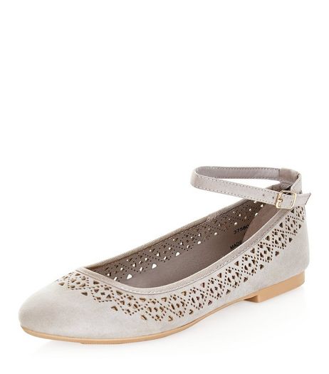 Teens Grey Laser Cut Out Ankle Strap Pumps | New Look