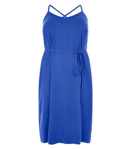 Curves Blue Cross Back Strap Slip Dress | New Look