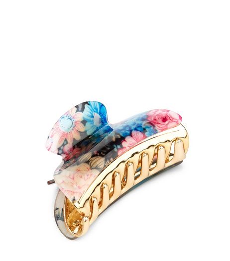 Blue Floral Print Bulldog Clip | New Look