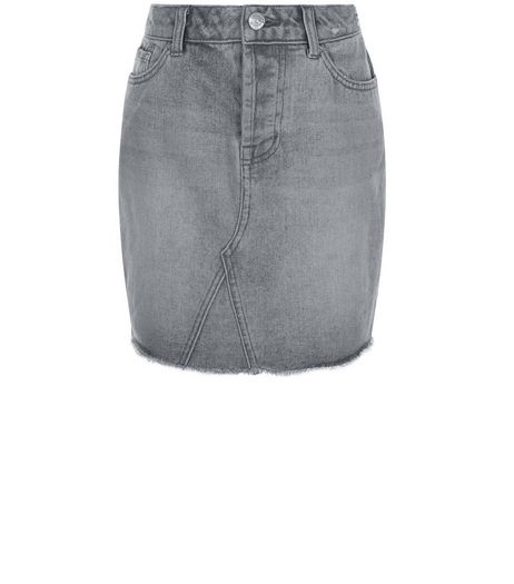 Teens Grey Fray Hem Denim Skirt | New Look