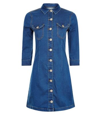 Parisian Blue Denim 1/2 Sleeve Button Front Dress | New Look