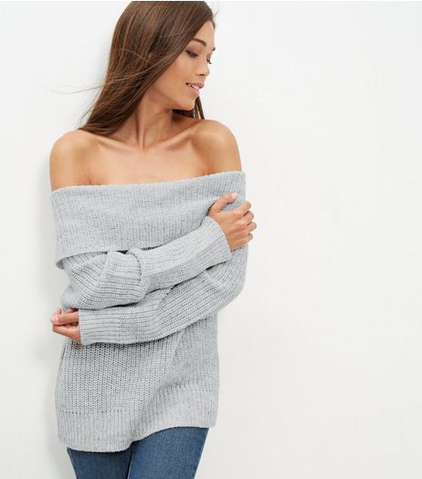 Pale Grey Fold Over Bardot Neck Jumper | New Look