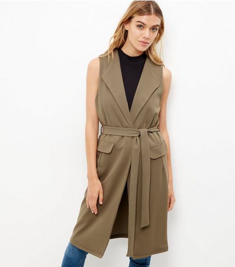 Khaki Crepe Tie Waist Sleeveless Blazer | New Look