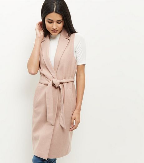 Shell Pink Tie Waist Sleeveless Blazer | New Look