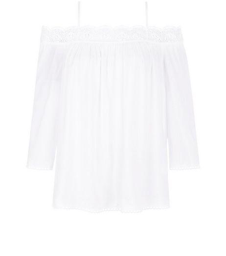 Tall White Crochet Trim Cold Shoulder Top | New Look