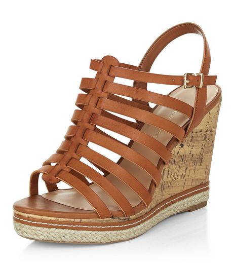Wide Fit Tan Caged Contrast Wedges | New Look
