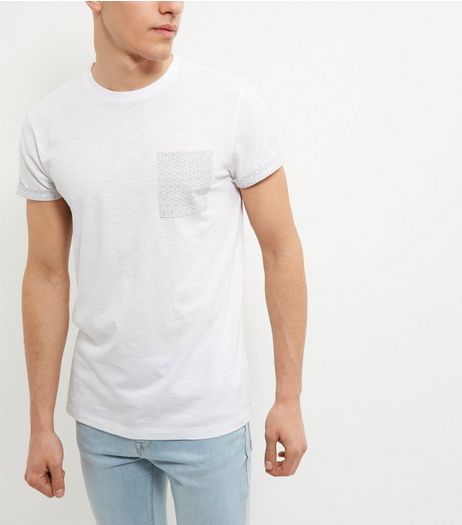 White Geo Print Pocket T-Shirt | New Look