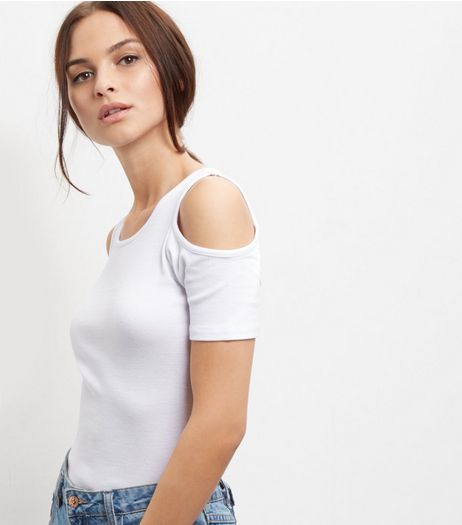 White Ribbed Short Sleeve Cold Shoulder Top | New Look