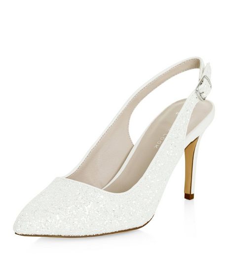 Wide Fit White Bridal Glitter Sling Back Heels | New Look