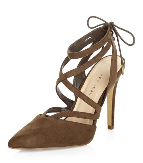 Wide Fit Khaki Suedette Multi Strap Pointed Heels | New Look