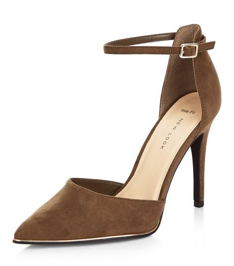 Wide Fit Khaki Suedette Ankle Strap Pointed Heels | New Look