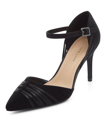 wide fit black suedette cross strap block heels