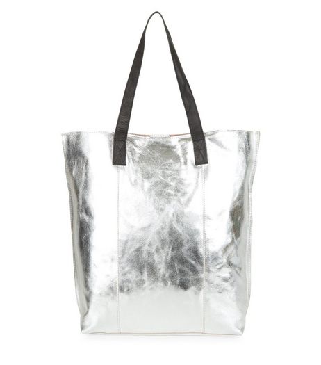 Silver Leather Metallic Shopper Bag | New Look
