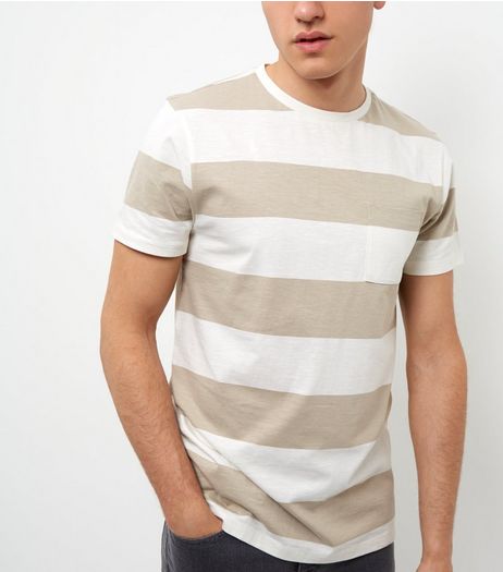 Stone Single Pocket Wide Stripe Slub T-Shirt | New Look