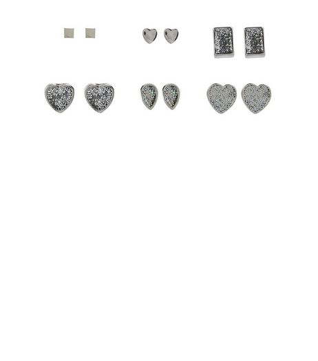 6 Pack Silver Glitter Stud Earrings | New Look