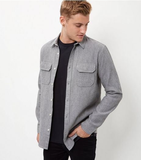 Pale Grey Cotton Double Pocket Long Sleeve Shirt | New Look