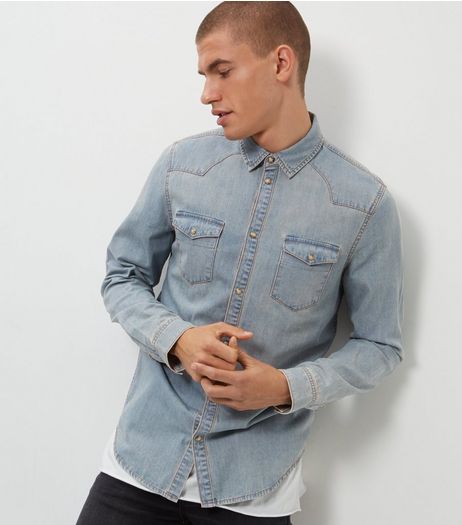 Blue Denim Double Pocket Long Sleeve Western Shirt | New Look