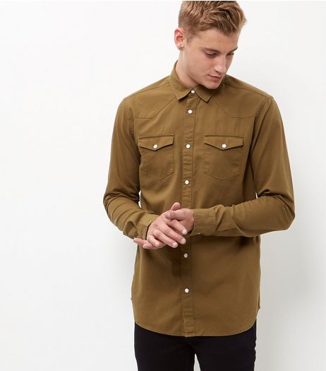 Khaki Cotton Double Pocket Long Sleeve Shirt | New Look