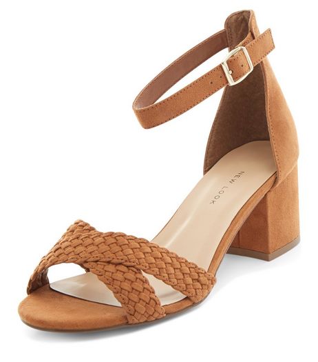 Wide Fit Tan Suedette Woven Cross Strap Heeled Sandals | New Look