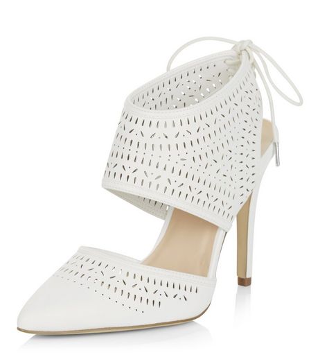 Wide Fit White Laser Cut Out Tie Back Pointed Heels | New Look