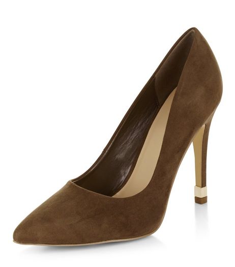 Khaki Suedette Metal Trim Pointed Heels | New Look