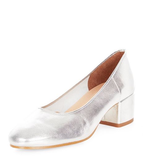 Silver Premium Leather Mid Block Heels | New Look