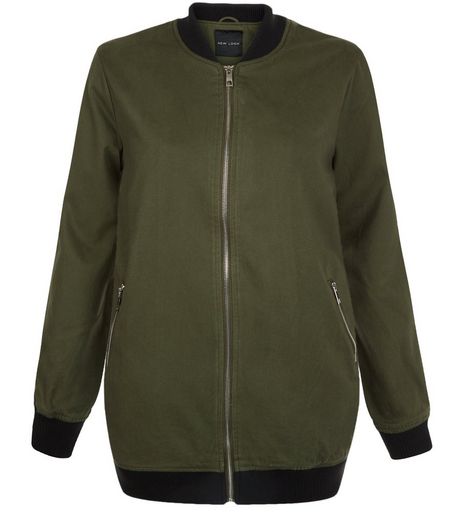 Khaki Cotton Twill Longline Bomber Jacket | New Look