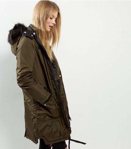 Khaki Faux Fur Trim Hooded Parka | New Look