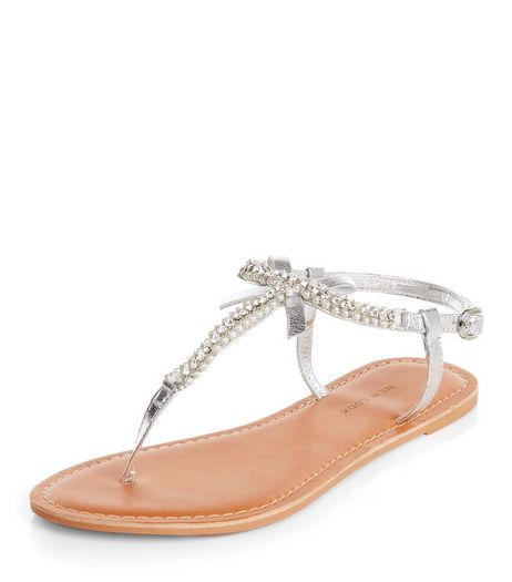 Wide Fit Silver Leather Pearl Trim Sandals | New Look