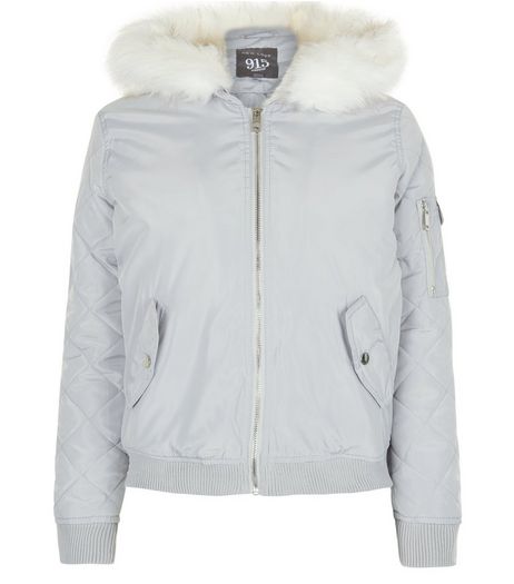 Teens Grey Faux Fur Hooded Bomber Jacket | New Look