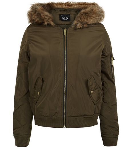 Teens Khaki Faux Fur Hooded Bomber Jacket | New Look