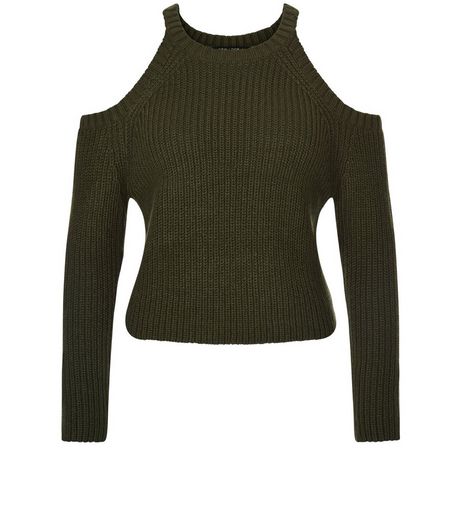 Teens Khaki Ribbed Cold Shoulder Jumper | New Look