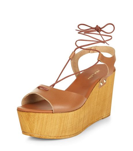Tan Premium Leather Contrast Plaform Wedge Sandals | New Look