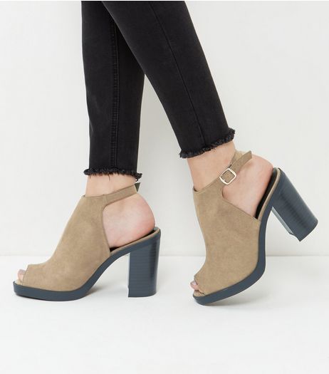 Khaki Suedette Peep Toe Block Heels | New Look