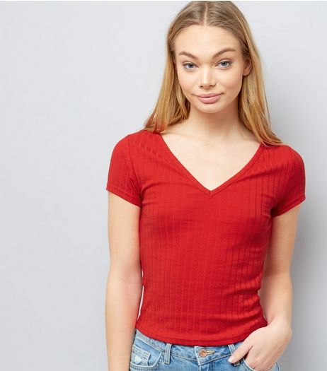 Red V Neck Cap Sleeve T-Shirt | New Look
