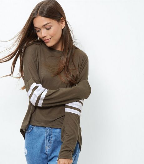 Khaki Stripe Sleeve T-Shirt | New Look