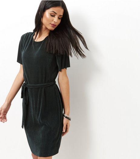Dark Green Pleated Tie Waist Tunic Dress | New Look